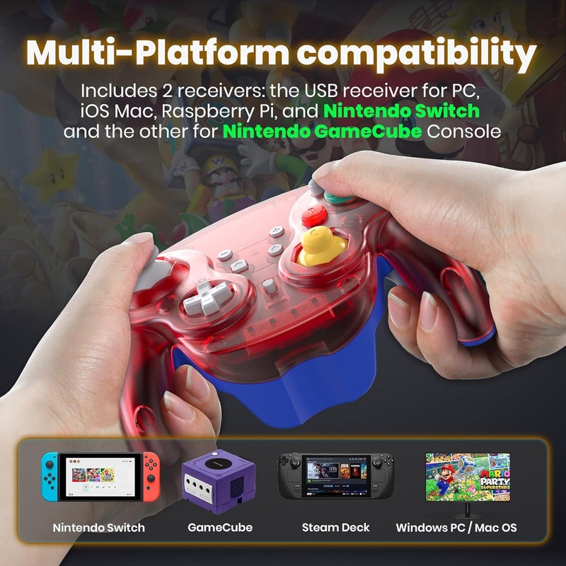 SAFFUN 2 Pack 2.4 GHz Wireless GameCube Switch2 Pro Controller, for NGC GameCube Console, Switch/Switch OLED/ Switch2, PC, Steam Deck, PC (Built-in Rumble) (Rechargeable) (Plug and Play) Clear Red - Image 5